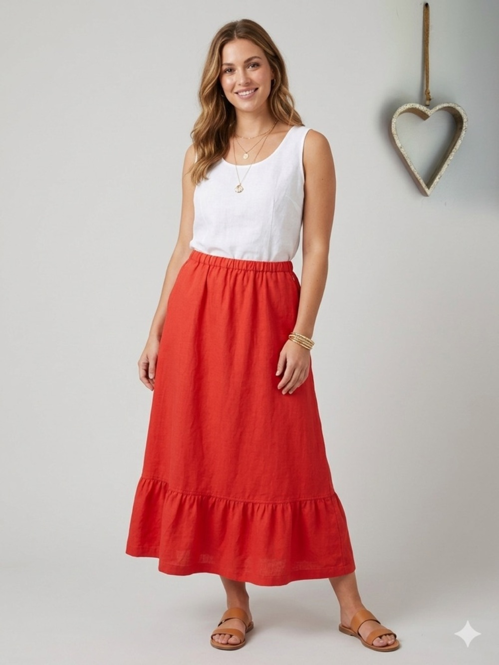 Women's Red Maxi Skirt - Casual Elastic Waist